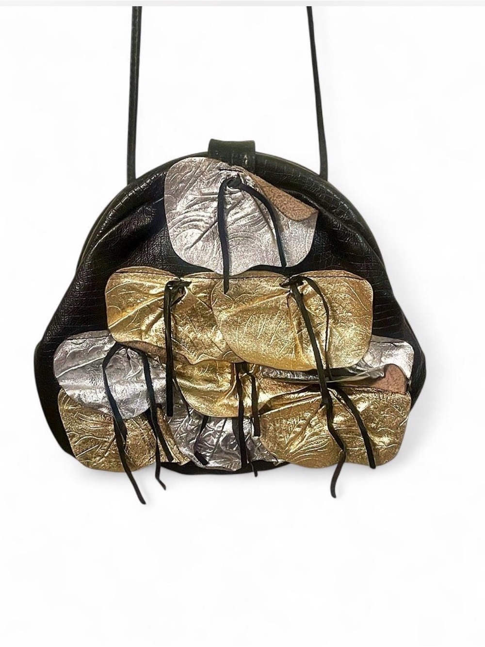 Vintage 1980s Metallic Gold Silver Leaf Appliqué Shoulder Bag